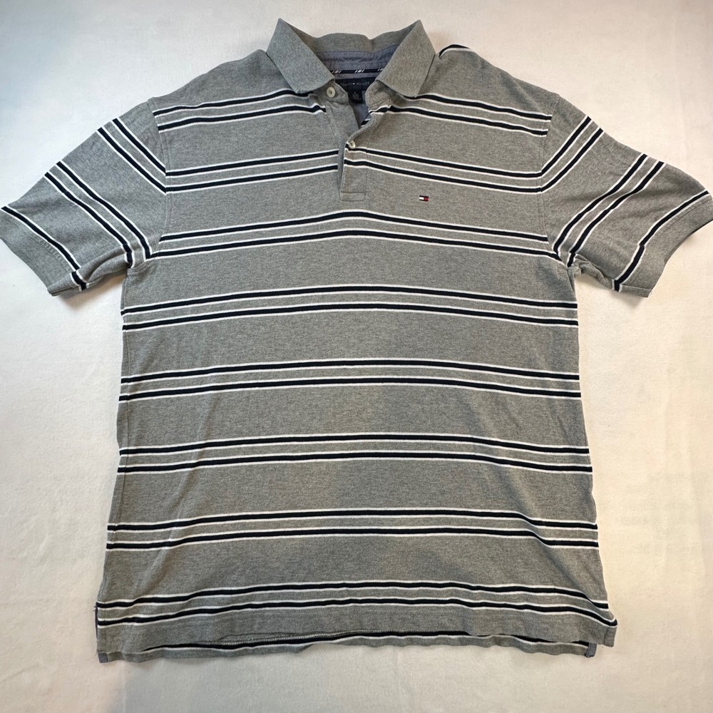 Tommy Hilfiger Mens XL Grey Striped Short Sleeve Pique Polo Shirt Navy White